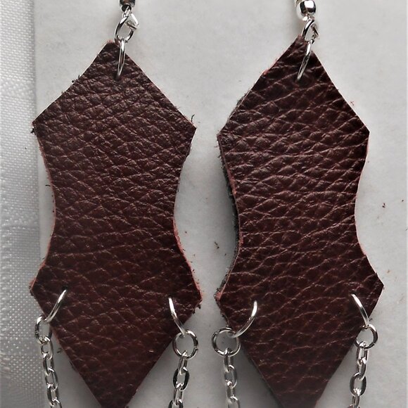 No.488 Handmade earrings with leather pieces 2 1/2 inches long - Picture 4 of 4